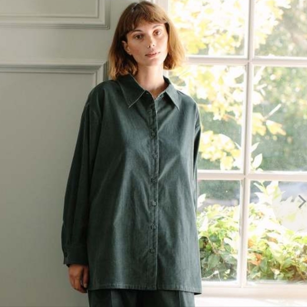 Rachel Pally Oversized Yara Button Down Shirt Forest One Size Thin Corduroy